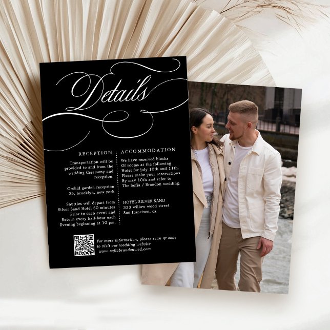 Modern calligraphy timeless black & white wedding enclosure card (Modern calligraphy timeless black and white photo QR code wedding details enclosure card)