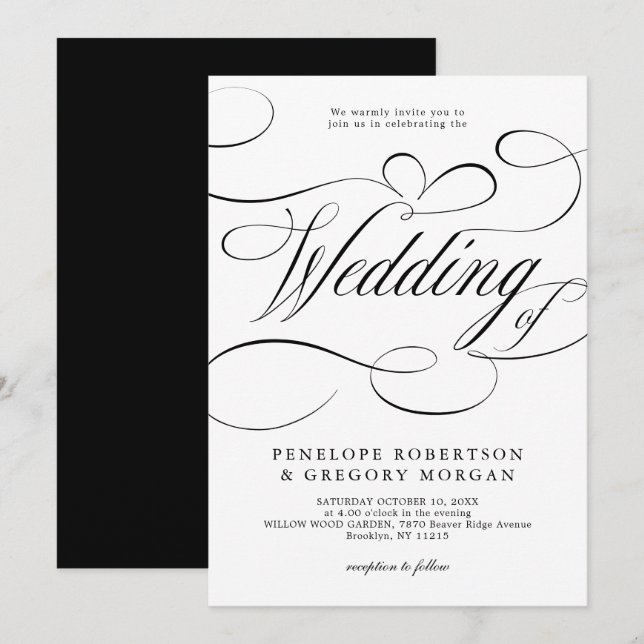 Modern calligraphy timeless Black white wedding Invitation (Front/Back)
