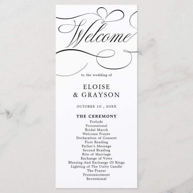 Modern calligraphy timeless black white wedding programme (Front)