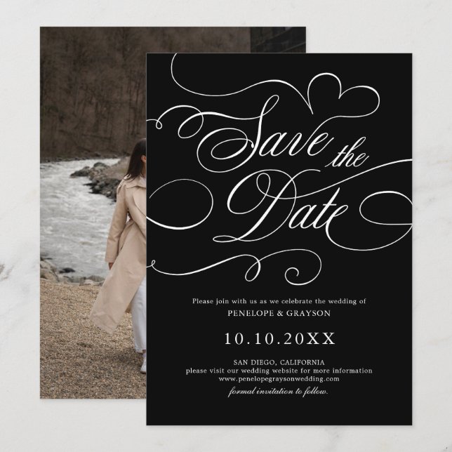 Modern calligraphy timeless Black white wedding Save The Date (Front/Back)