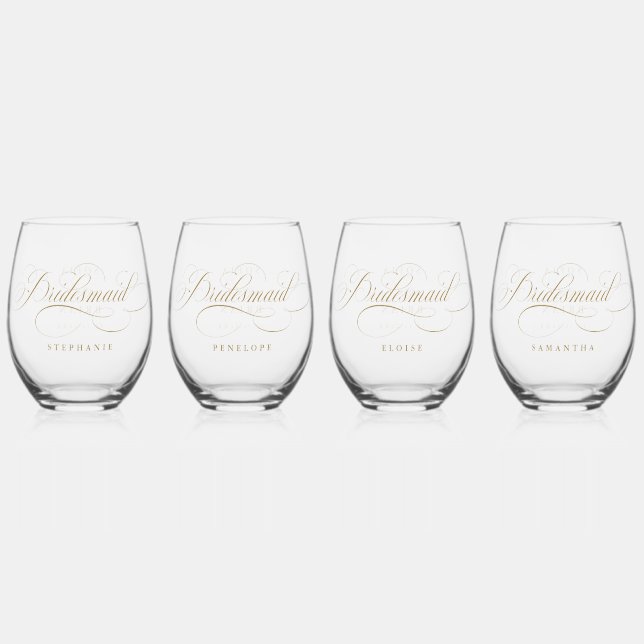 Modern calligraphy timeless brideamaid wedding stemless wine glass (Front)