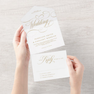 Modern calligraphy timeless gold and white wedding all in one invitation