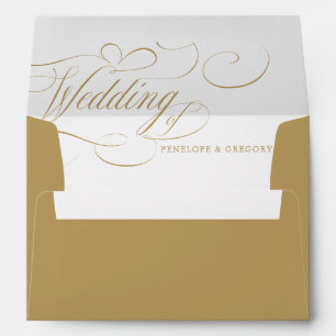 Modern calligraphy timeless gold and white wedding envelope