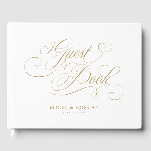 Modern calligraphy timeless gold and white wedding guest book