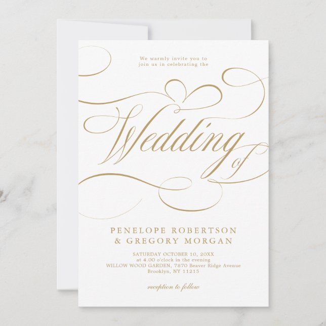 Modern calligraphy timeless gold and white wedding invitation (Front)