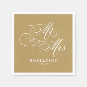 Modern calligraphy timeless gold and white wedding napkin