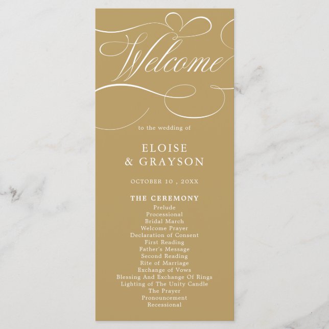 Modern calligraphy timeless gold and white wedding programme (Front)