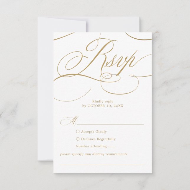 Modern calligraphy timeless gold and white wedding RSVP card (Front)
