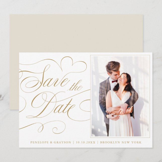 Modern calligraphy timeless gold Photo wedding Save The Date (Front/Back)