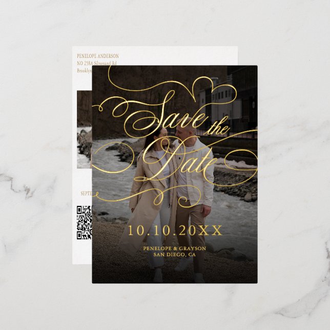 Modern calligraphy timeless gold Save the Date Foil Holiday Postcard (Front/Back)