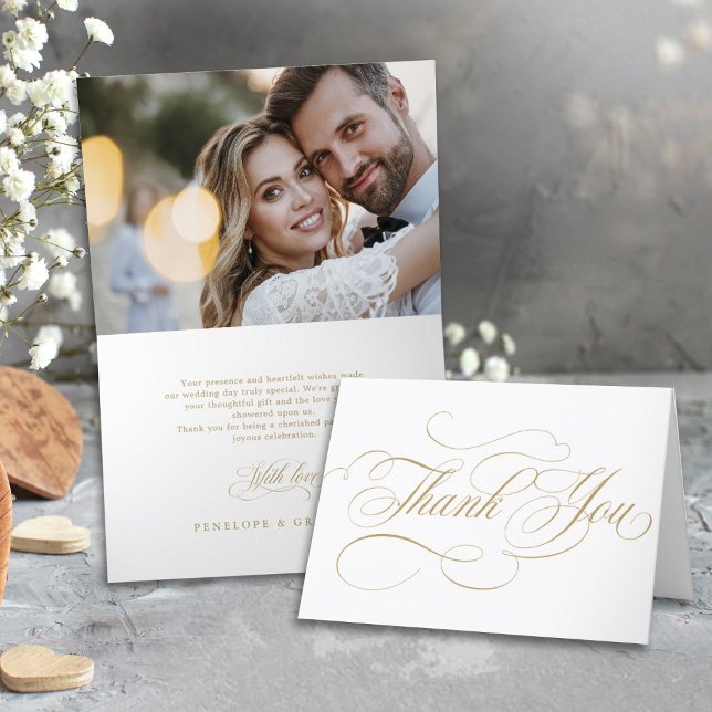 Modern calligraphy timeless gold wedding photo thank you card (Calligraphy wedding thank you card with photo)