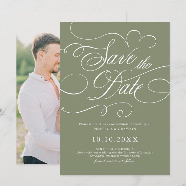 Modern calligraphy timeless Sage Green wedding Save The Date (Front/Back)