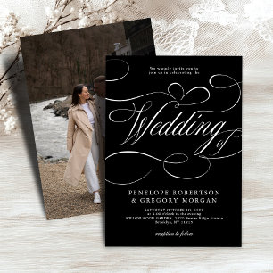 Modern calligraphy timeless silver black wedding invitation
