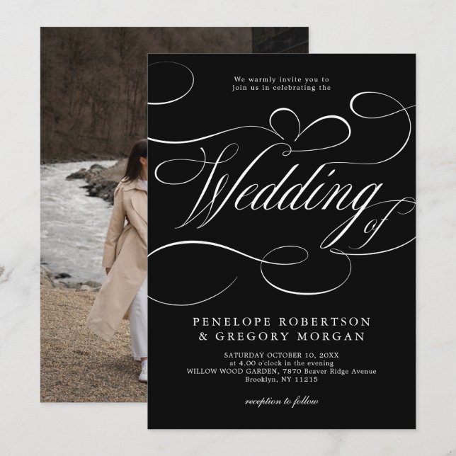 Modern calligraphy timeless silver black wedding   invitation (Front/Back)