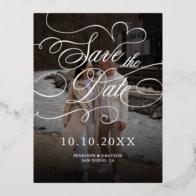 Modern calligraphy timeless Silver Save the Date Foil Holiday Postcard (Front)