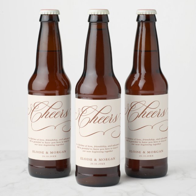 Modern calligraphy timeless terracotta wedding beer bottle label (Bottles)