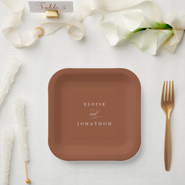 Modern calligraphy timeless terracotta wedding paper plate (Wedding)
