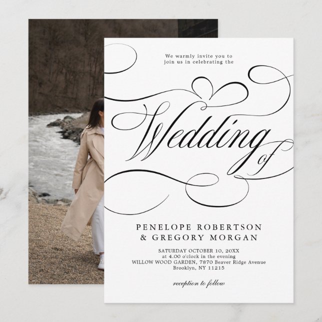 Modern calligraphy timeless White Black  wedding Invitation (Front/Back)