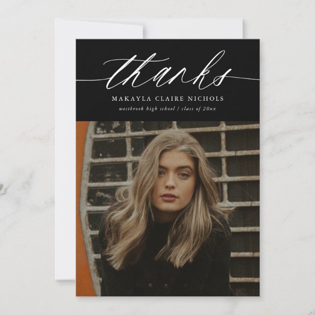 Modern Calligraphy Two Photo Black Graduation Thank You Card (Front)