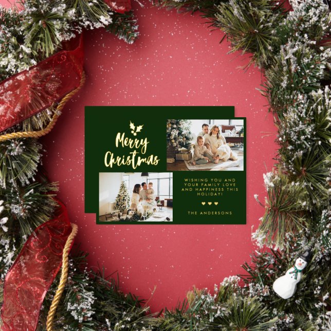 Modern Calligraphy Two Photo Collage Christmas Foil Holiday Card (Insitu)