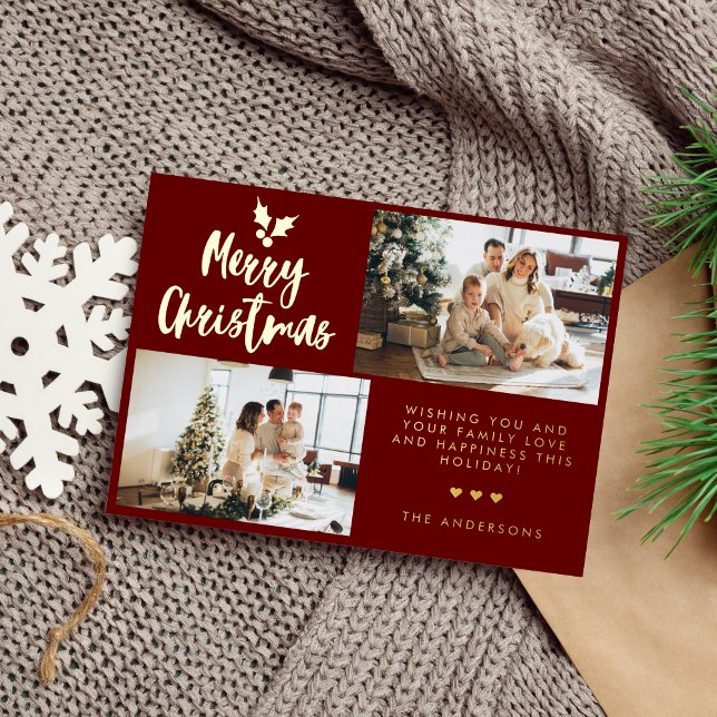 Modern Calligraphy Two Photo Collage Red Christmas Foil Holiday Card (Creator Uploaded)