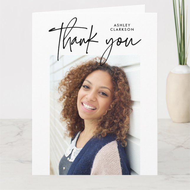 Modern Calligraphy Two Photo Graduation Folded Thank You Card (Front)