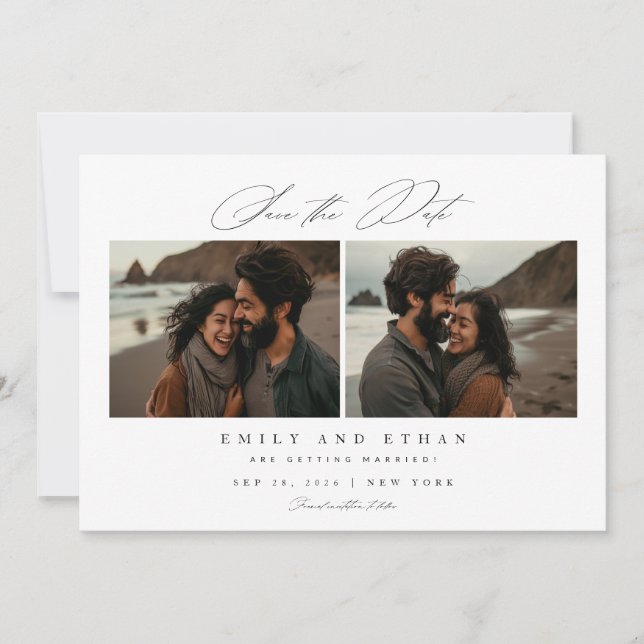 Modern Calligraphy Two Photo QR Code Save The Date (Front)