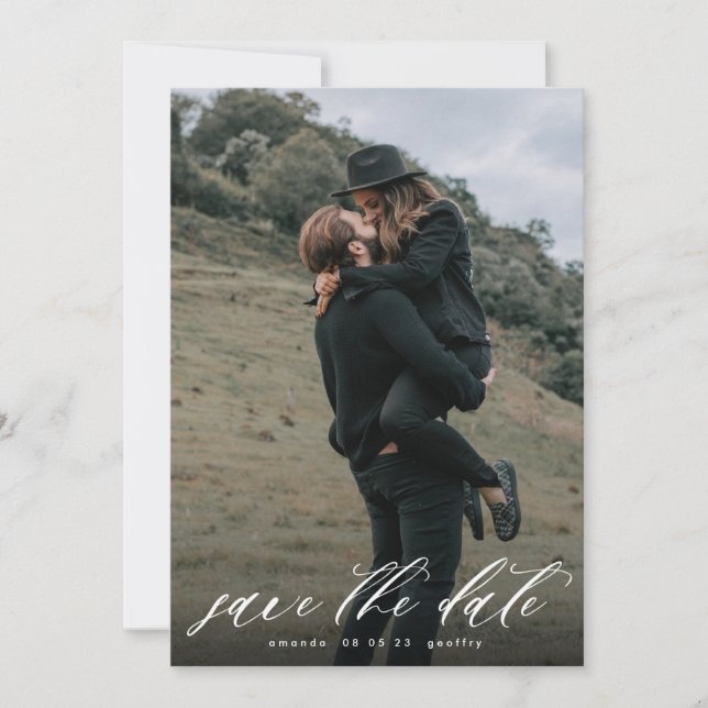 Modern Calligraphy Typography White Overlay Photo Save The Date (Front)