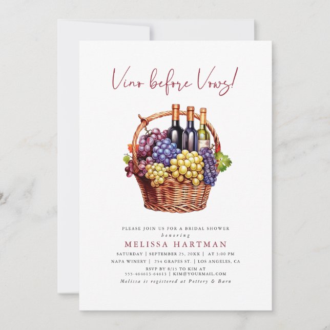 Modern Calligraphy Vino Before Vows Bridal Shower Invitation (Front)