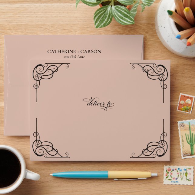 Modern Calligraphy Vintage Beige Wedding Envelope (Desk)