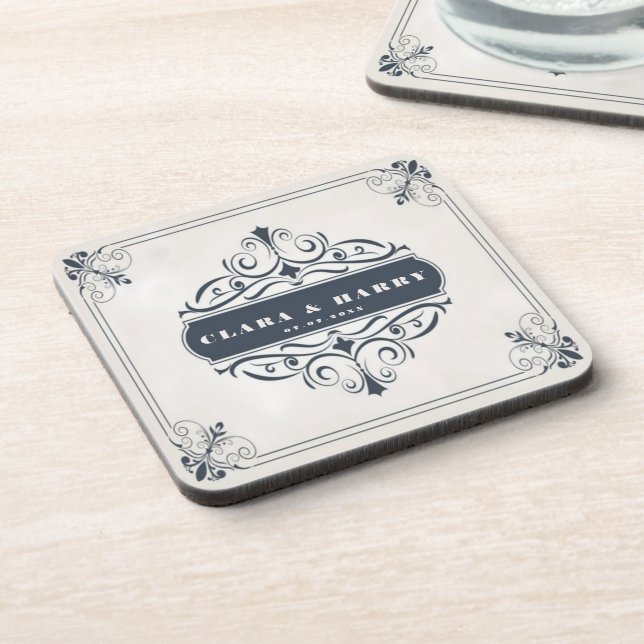 Modern calligraphy vintage floral wedding  coaster (Left Side)