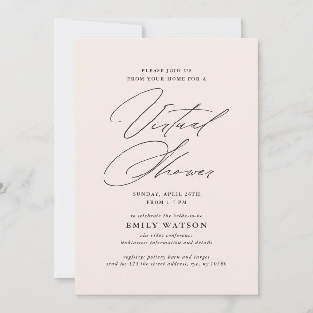 Modern Calligraphy Virtual Bridal Shower Blush Invitation (Front)