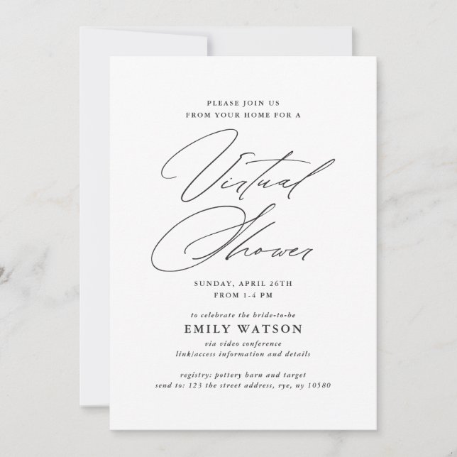 Modern Calligraphy Virtual Bridal Shower White Invitation (Front)