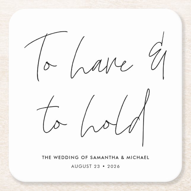 Modern Calligraphy Vows Black White Wedding Square Paper Coaster (Front)