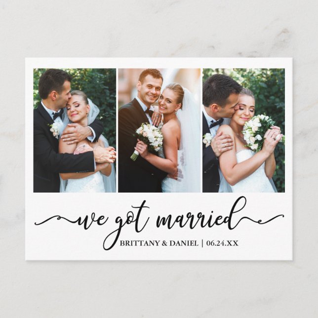 Modern Calligraphy We Got Married Wedding 3 Photo Postcard (Front)