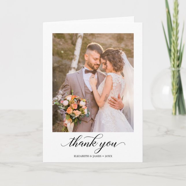 Modern Calligraphy Wedding 2 Photo Thank You Card (Front)