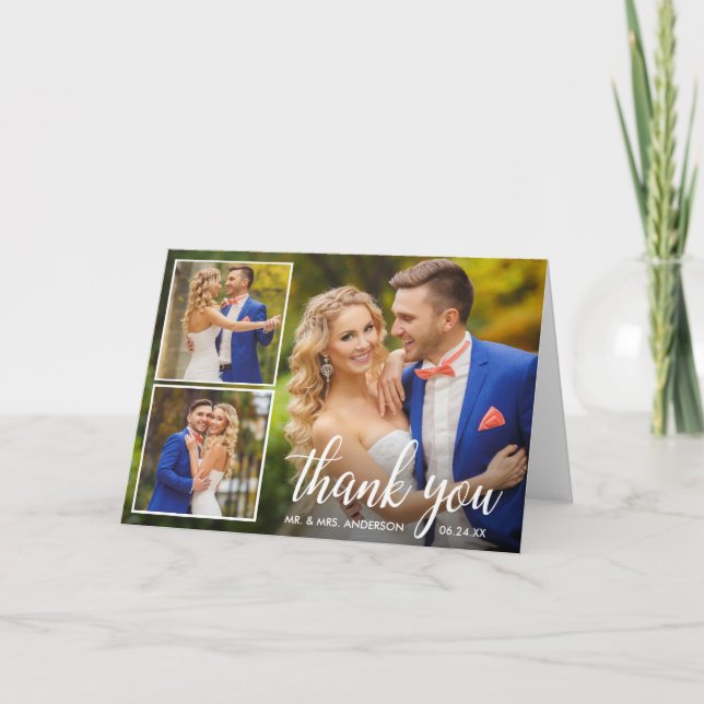 Modern Calligraphy Wedding 3 Photo Collage Fold Thank You Card (Front)
