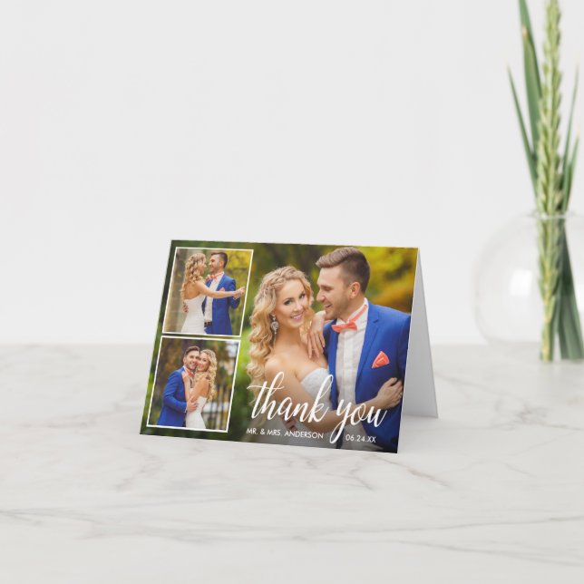 Modern Calligraphy Wedding 3 Photo Collage Note Thank You Card (Front)