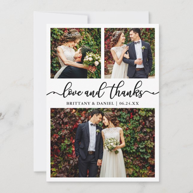 Modern Calligraphy Wedding 3 Photo Collage Thank You Card (Front)
