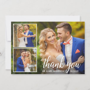 Modern Calligraphy Wedding 3 Photo Collage Thank You Card