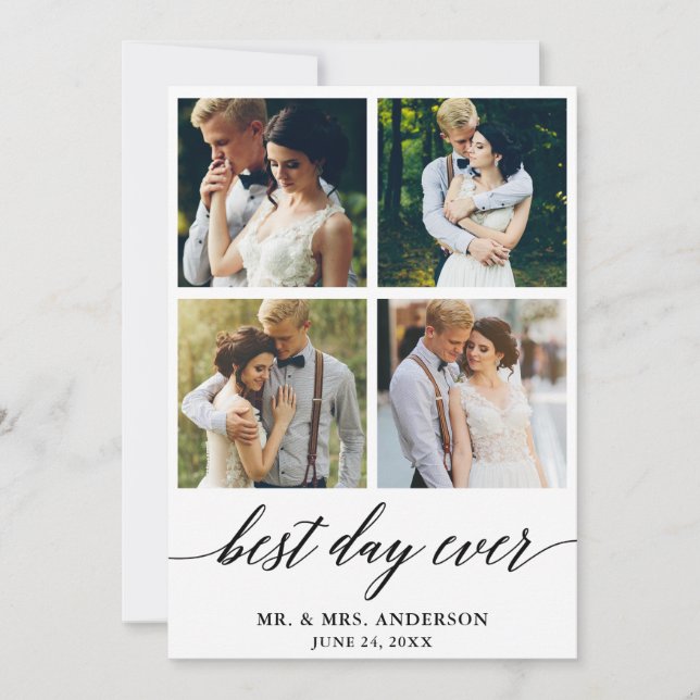 Modern Calligraphy Wedding 4 Photo Best Day Ever Thank You Card (Front)