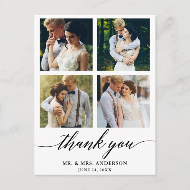 Modern Calligraphy Wedding 4 Photo Thank You Postcard (Front)