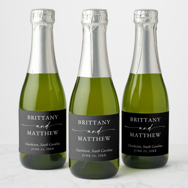 Modern Calligraphy Wedding Black and White Mini Sparkling Wine Label (Bottles)