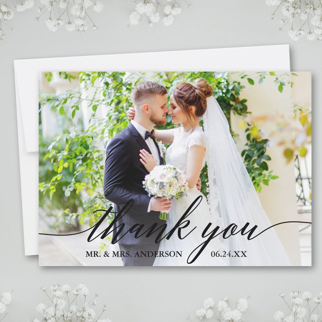 Modern Calligraphy Wedding Bride Groom Photo B Thank You Card (Customize to add text or more photos to back of card.)