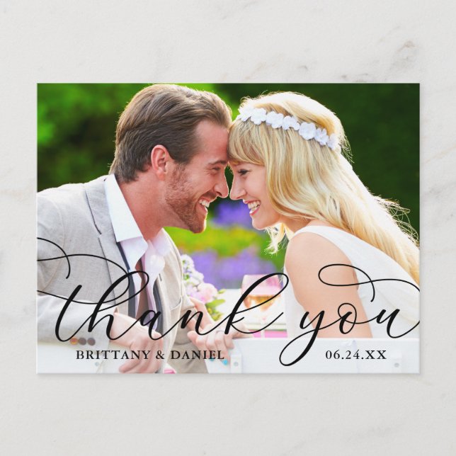 Modern Calligraphy Wedding Couple Photo Thank You Postcard (Front)