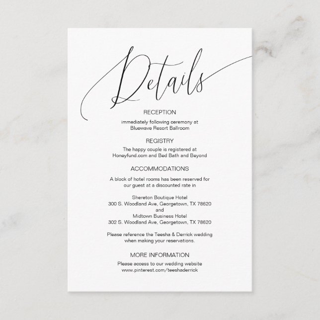 Modern Calligraphy, Wedding Details, Information E Enclosure Card (Front)