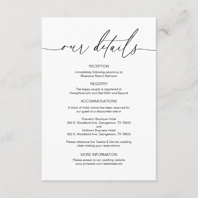 Modern Calligraphy, Wedding Details information  Enclosure Card (Front)