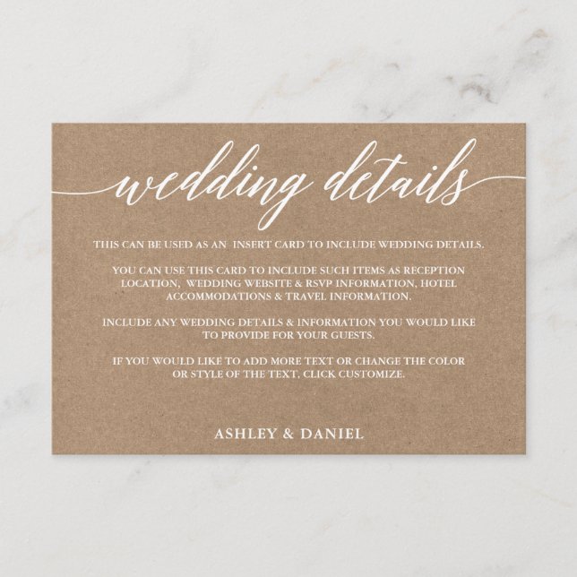 Modern Calligraphy Wedding Details Kraft Enclosure Card (Front)