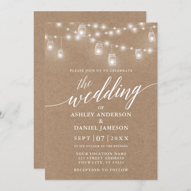 Modern Calligraphy Wedding Lights Kraft Invitation (Front/Back)