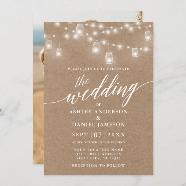 Modern Calligraphy Wedding Lights Kraft Photo Invitation (Front/Back)